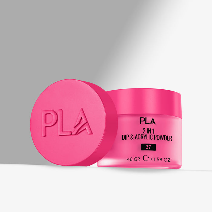 Pink container of PLA 2 in 1 Dip & Acrylic Powder with pink lid on a gray background