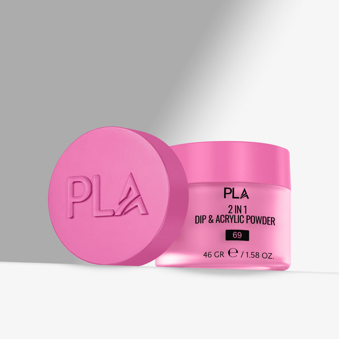 Pink jar of PLA 2 in 1 Dip & Acrylic Powder with pink cap on a gray background