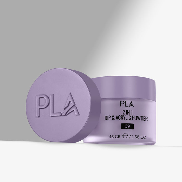 Purple container of PLA 2 in 1 Dip & Acrylic Powder with lid on a gray background