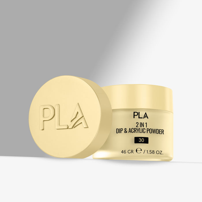 Yellow container of PLA 2 in 1 Dip & Acrylic Powder on a gray background