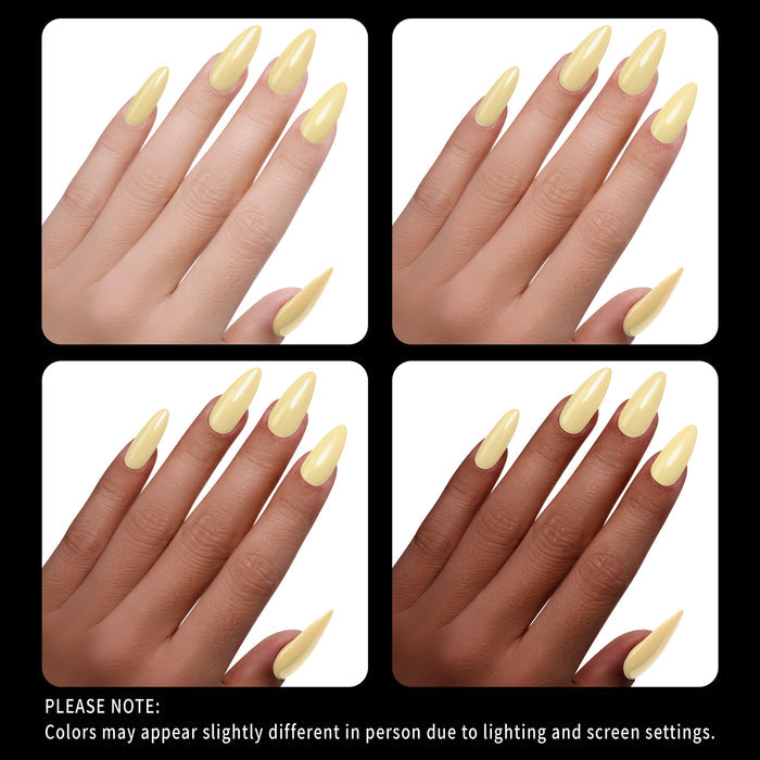 Collage of hands with light yellow nail polish on a white background