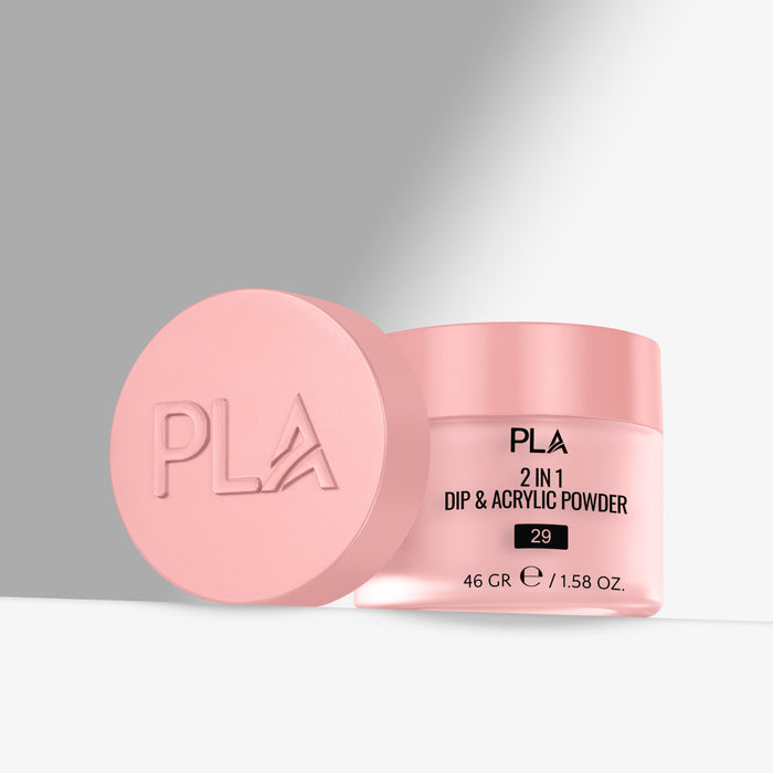 Pink container of PLA 2-in-1 Dip & Acrylic Powder on a gray background