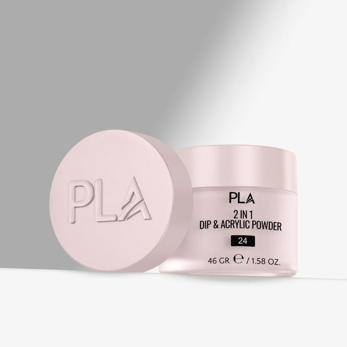 Pink jar of PLA 2 in 1 Dip & Acrylic Powder on a gray background