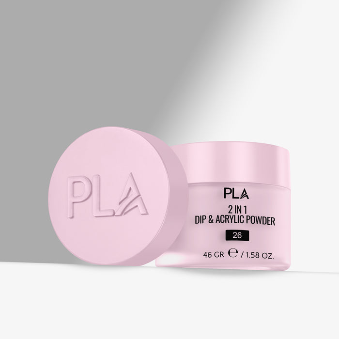 Pink jar of PLA 2 in 1 Dip & Acrylic Powder on a gray background