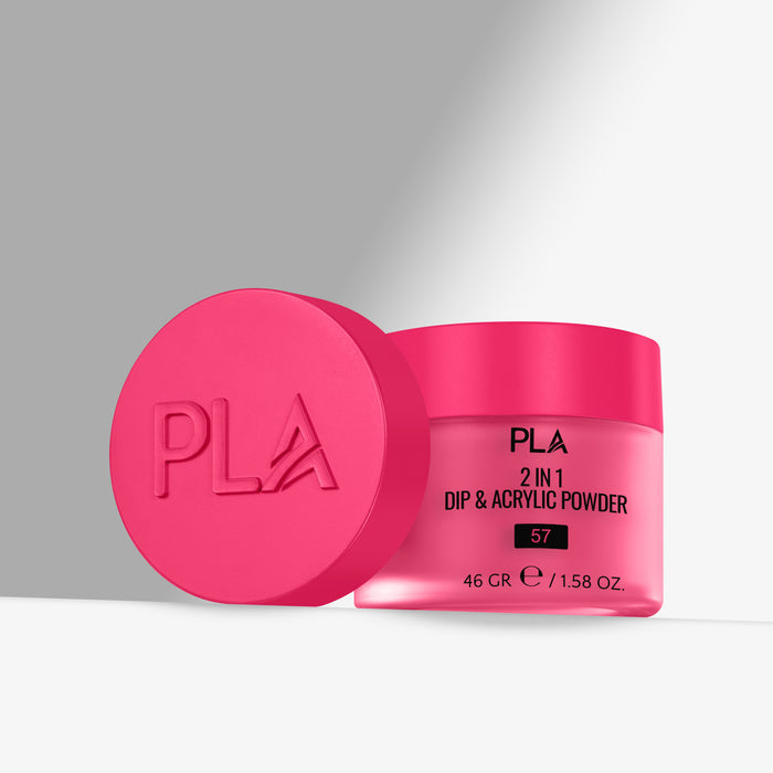Pink jar of PLA 2 in 1 Dip & Acrylic Powder with pink lid on a gray background