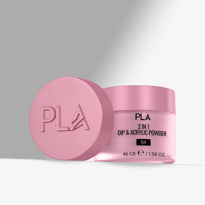 Pink jar of PLA 2 in 1 Dip & Acrylic Powder with lid on a light gray background