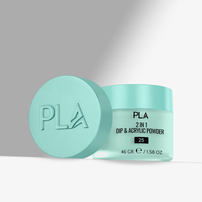 Turquoise container of PLA 2 in 1 Dip & Acrylic Powder with lid on a light gray background