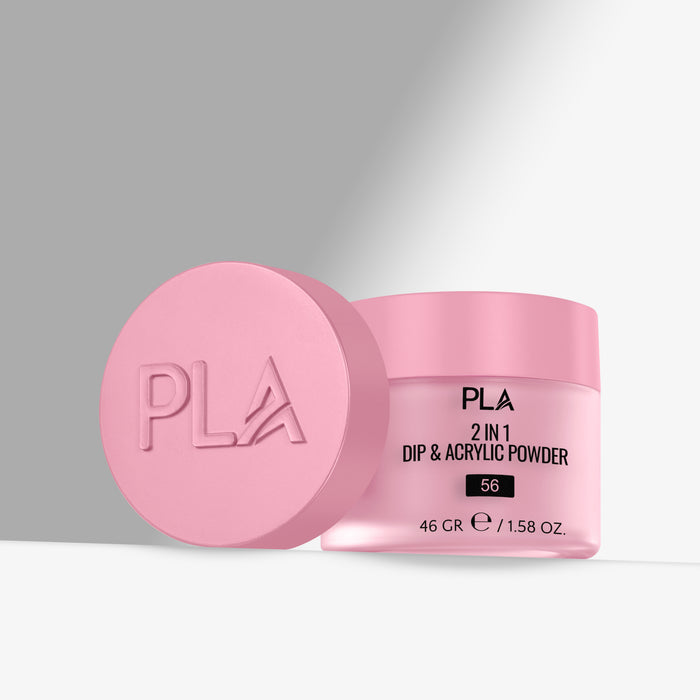 Pink jar of PLA 2-in-1 Dip & Acrylic Powder with lid on a light gray background