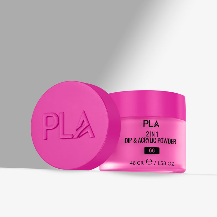 Pink jar of PLA 2 in 1 Dip & Acrylic Powder with lid on a gray background