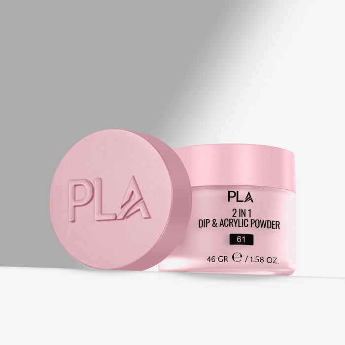 Pink jar of PLA 2 in 1 Dip & Acrylic Powder on a gray background