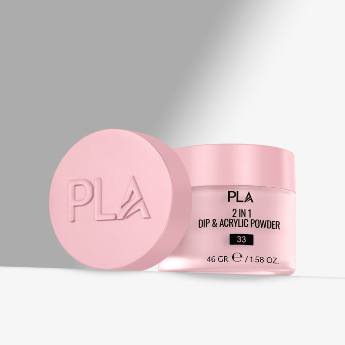 Pink jar of PLA 2 in 1 Dip & Acrylic Powder on a gray background