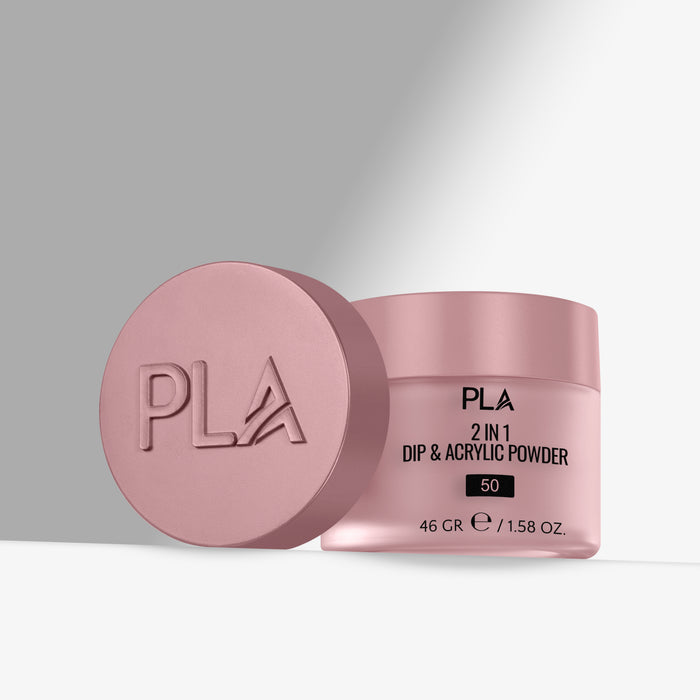 Pink container of PLA 2 in 1 Dip & Acrylic Powder on a light gray background