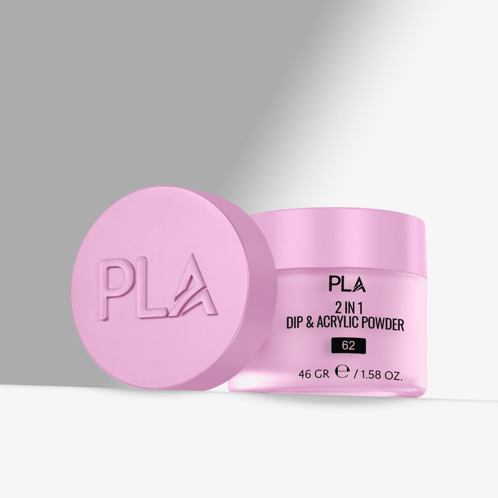 Pink jar of PLA 2 in 1 Dip & Acrylic Powder on a gray background