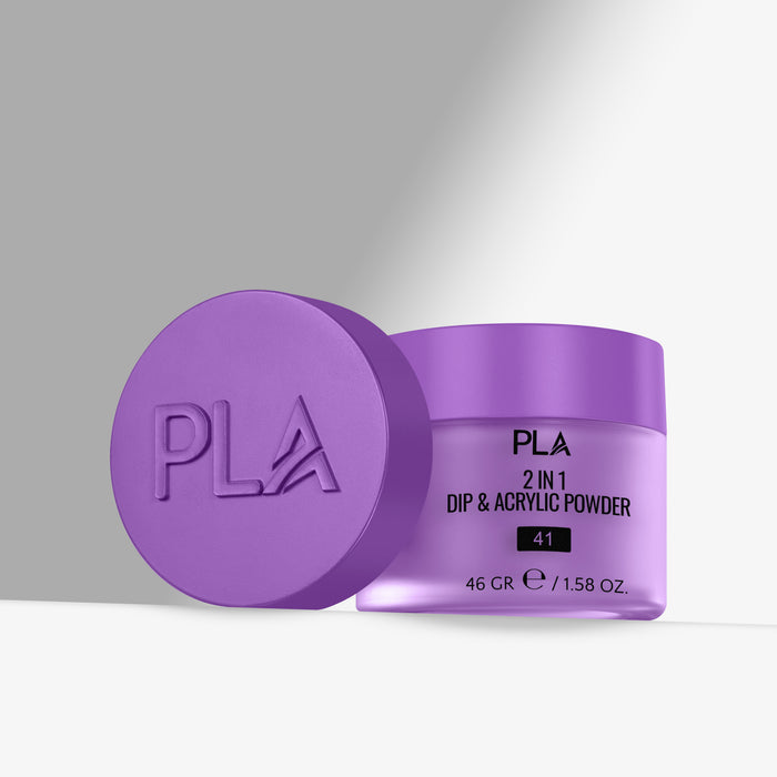 Purple container of PLA 2 in 1 Dip & Acrylic Powder with a matching purple lid on a gray background