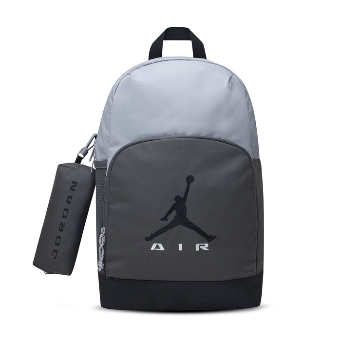 Wolf Grey backpack with black Air logo and attached pencil case