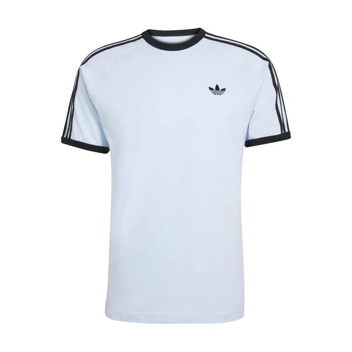 Light blue men's 3-stripe t-shirt with black ribbed collar and sleeve stripes