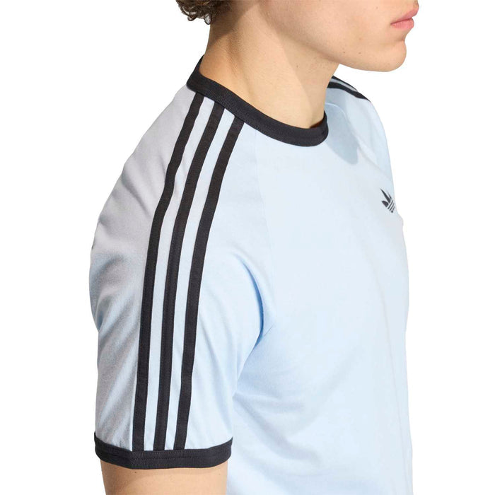 Light blue men's 3-stripe t-shirt with black triple sleeve stripes and crew neck