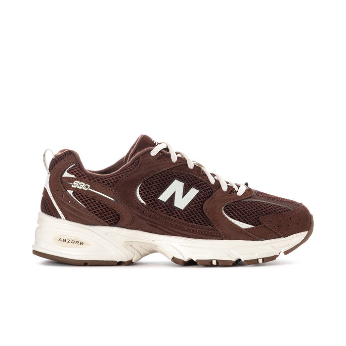 Women’s dark brown mesh running sneaker with N logo, white laces, and thick white sole.