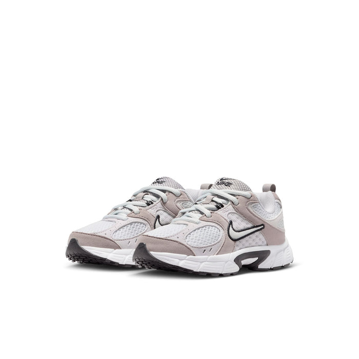 Kids running sneakers in off-white and light gray with side swoosh and chunky sole