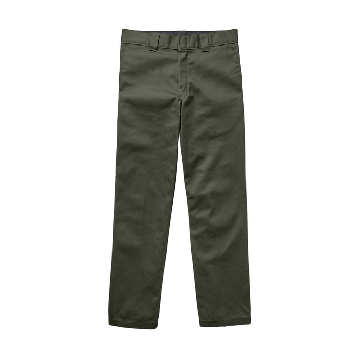 Men's olive green work pants with straight legs, belt loops, and button fly.