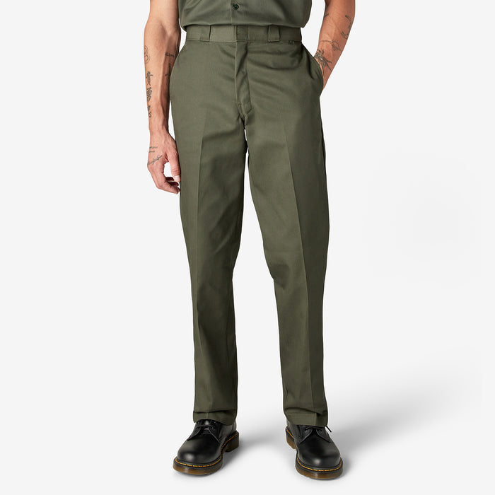 Men's olive green work pants with slant front pockets and straight, relaxed fit.