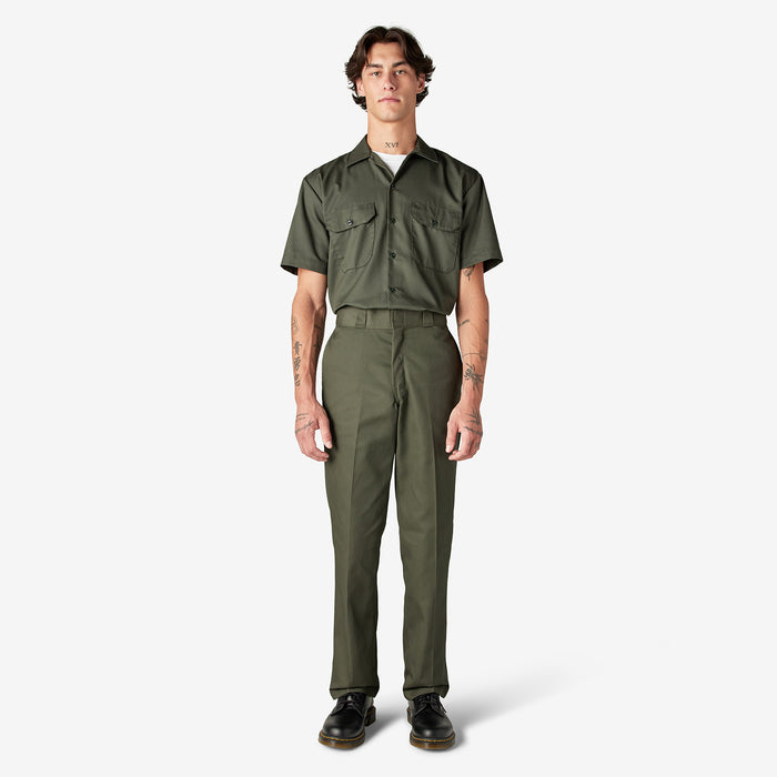 Men's olive green work pants with belt loops and straight leg, front slant pockets.