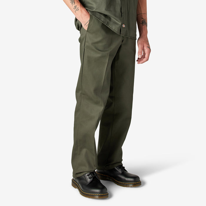 Olive green work pants with side seam pocket and straight, tapered leg.