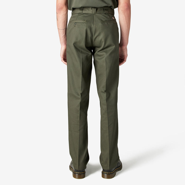 Olive green men's work pants back view with belt loops and patch back pockets.