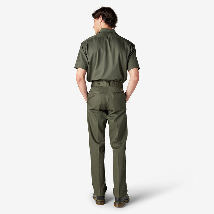 Men's olive green work pants back view with belt loops and patch pockets.
