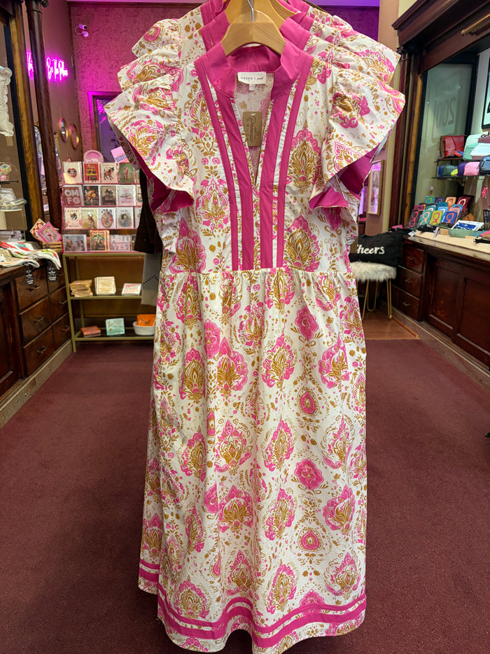 Entro pink maxi dress with ruffle sleeves and exotic damask pattern, elegant women’s dress for special occasions