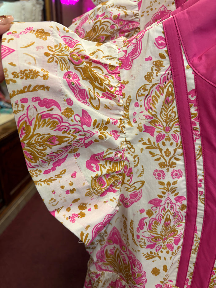 Pink ruffle sleeve maxi dress with exotic damask pattern by Entro, featuring flowing fabric and elegant design.