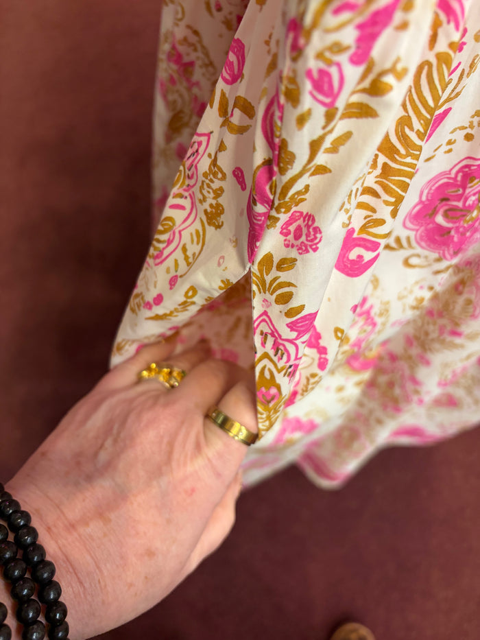 Entro pink maxi dress with ruffle sleeves and exotic damask pattern, elegant floral design, perfect for summer or special occasions.