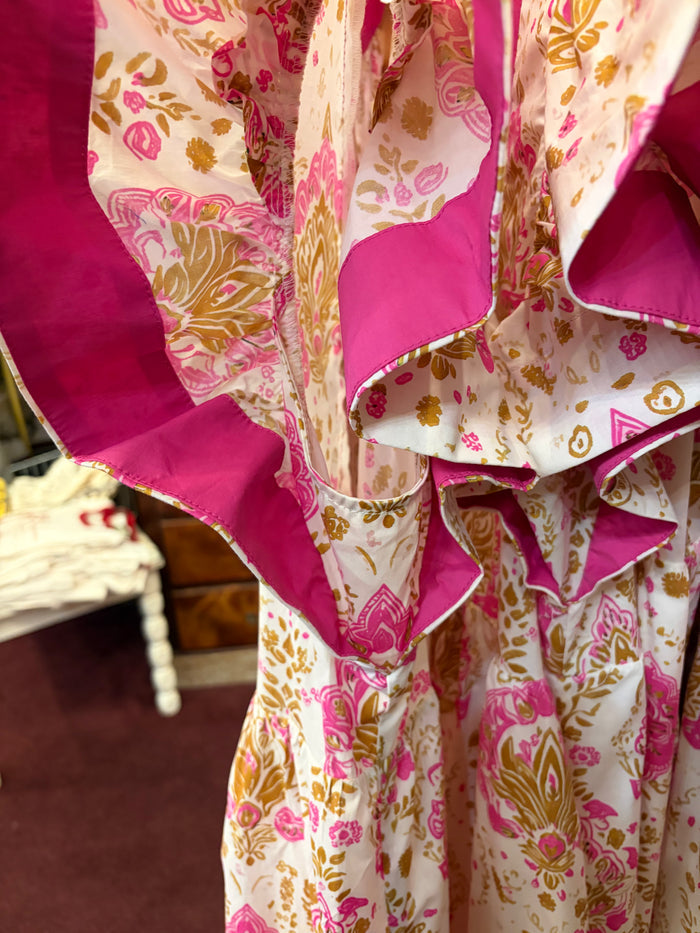Pink ruffle sleeve maxi dress with exotic damask pattern by Entro, featuring flowing fabric and elegant design.