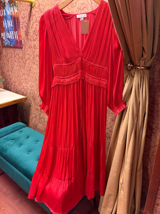 Red LS Maxi Dress by Current Air, long sleeve flowy dress with a fitted waist and ankle-length hem.