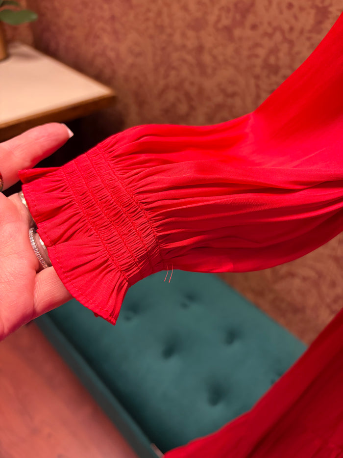 Red LS Maxi Dress by Current Air featuring long sleeves and flowing fabric, styled for a casual or evening look.