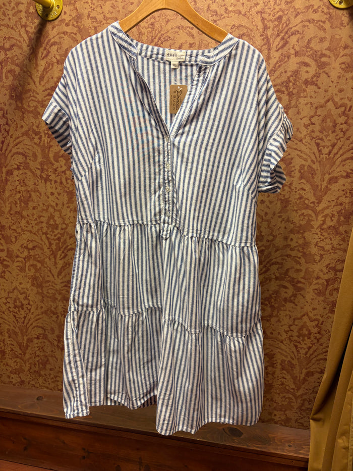 Striped ticking dress by Camille & Co., featuring a stylish design with vertical navy and white stripes, sleeveless and knee-length.