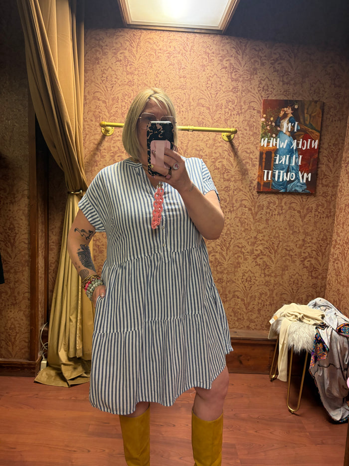 Camille & Co. striped ticking dress with a fitted bodice and knee-length skirt, featuring classic blue and white vertical stripes.