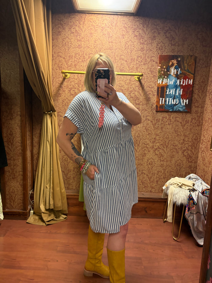Striped ticking dress by Camille & Co., casual sleeveless dress with vertical navy and white stripes, front button closure.