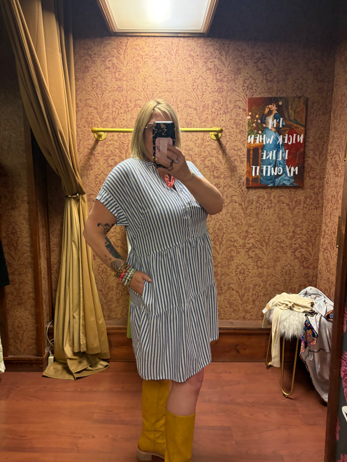 Camille & Co. striped ticking dress featuring a sleeveless design and casual style, perfect for summer or everyday wear.