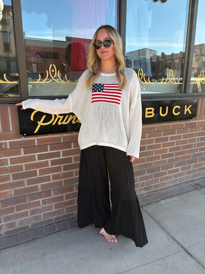 Simply Southern patriotic mesh pullover top with American flag design and lightweight fabric, perfect for casual wear.