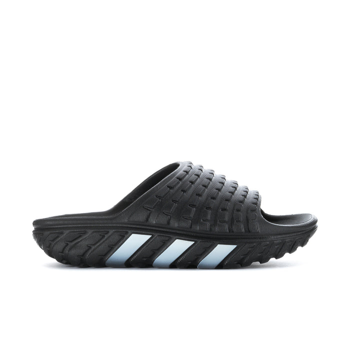 Men's black slide sandal with light-colored three stripes and textured footbed