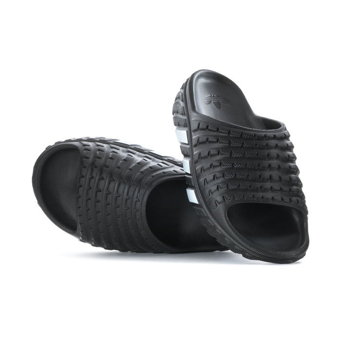 Men's black slide sandal, open toe, with textured tread sole and light stripe