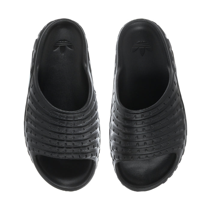 Pair of men's black slide sandals with textured uppers and open toe