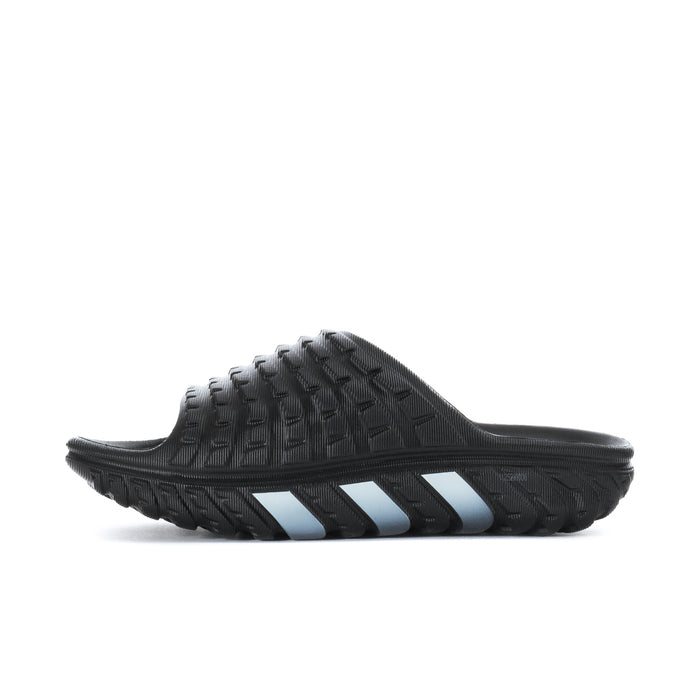 Men's black slide sandal with light-colored three stripes and sculpted midsole