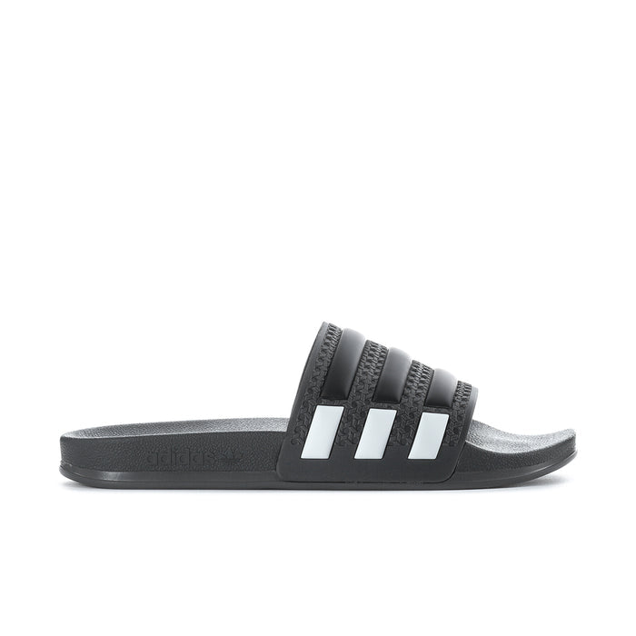 Men's black slide sandals with three white stripes across the strap