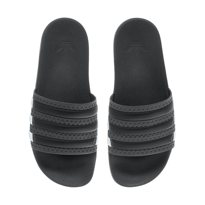 Pair of black slide sandal uppers with three-stripe strap design