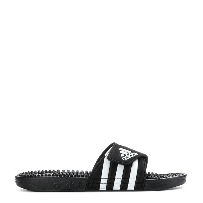 Men's black adidas slide sandal, white three-stripe bands, textured footbed