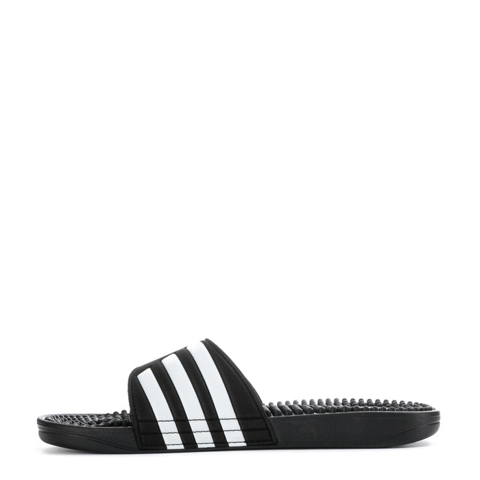 Men's black adidas slide sandal with white three-stripe upper band