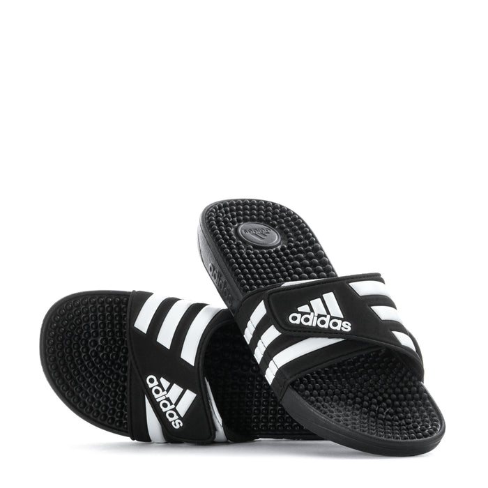 Pair of men's black adidas slide sandals with white triple stripes