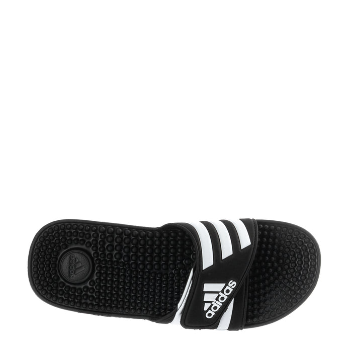Men's black adidas slide sandal outsole with textured grip and three-stripe strap